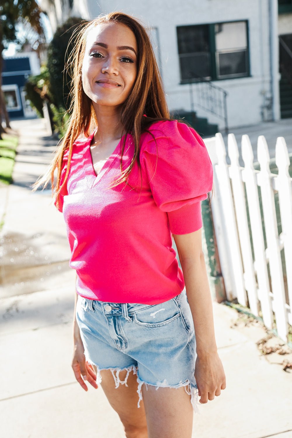 Be Bold Solid Fuchsia Shirred Puff Sleeve Sweater Top - Bitsy Gypsy Boutique