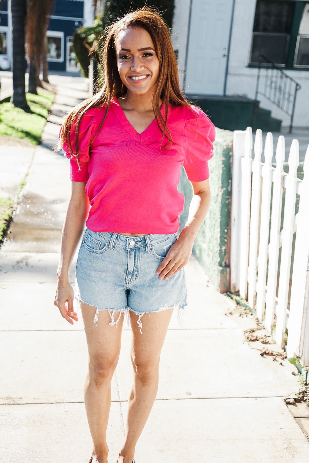 Be Bold Solid Fuchsia Shirred Puff Sleeve Sweater Top - Bitsy Gypsy Boutique