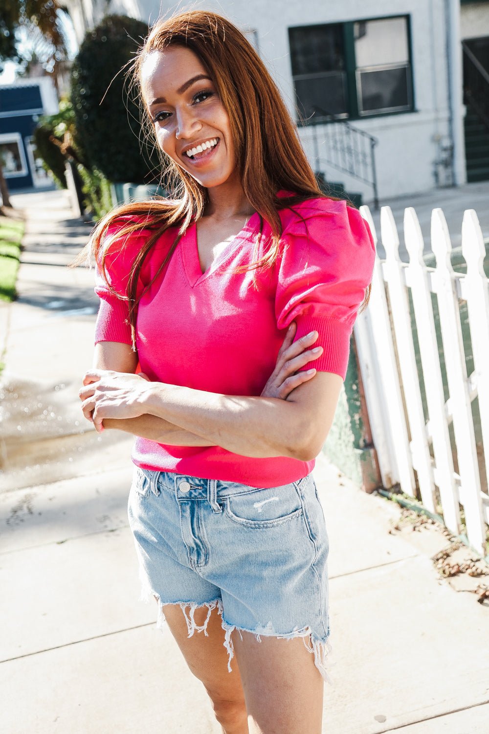 Be Bold Solid Fuchsia Shirred Puff Sleeve Sweater Top - Bitsy Gypsy Boutique