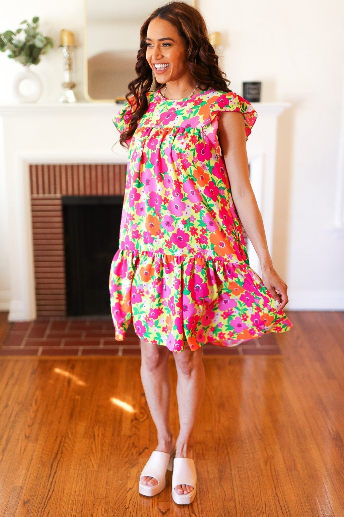 Be Charming Lime & Pink Floral Print Tiered Ruffle Sleeve Dress - Bitsy Gypsy Boutique