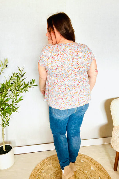 Be Charming Sky Blue Floral Print Elastic Neck Ribbon Tie Top - Bitsy Gypsy Boutique