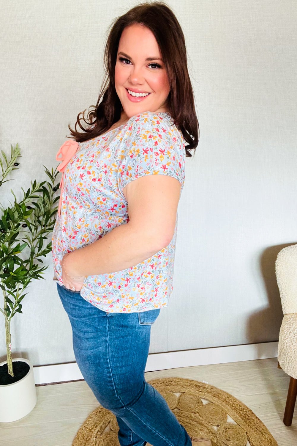 Be Charming Sky Blue Floral Print Elastic Neck Ribbon Tie Top - Bitsy Gypsy Boutique