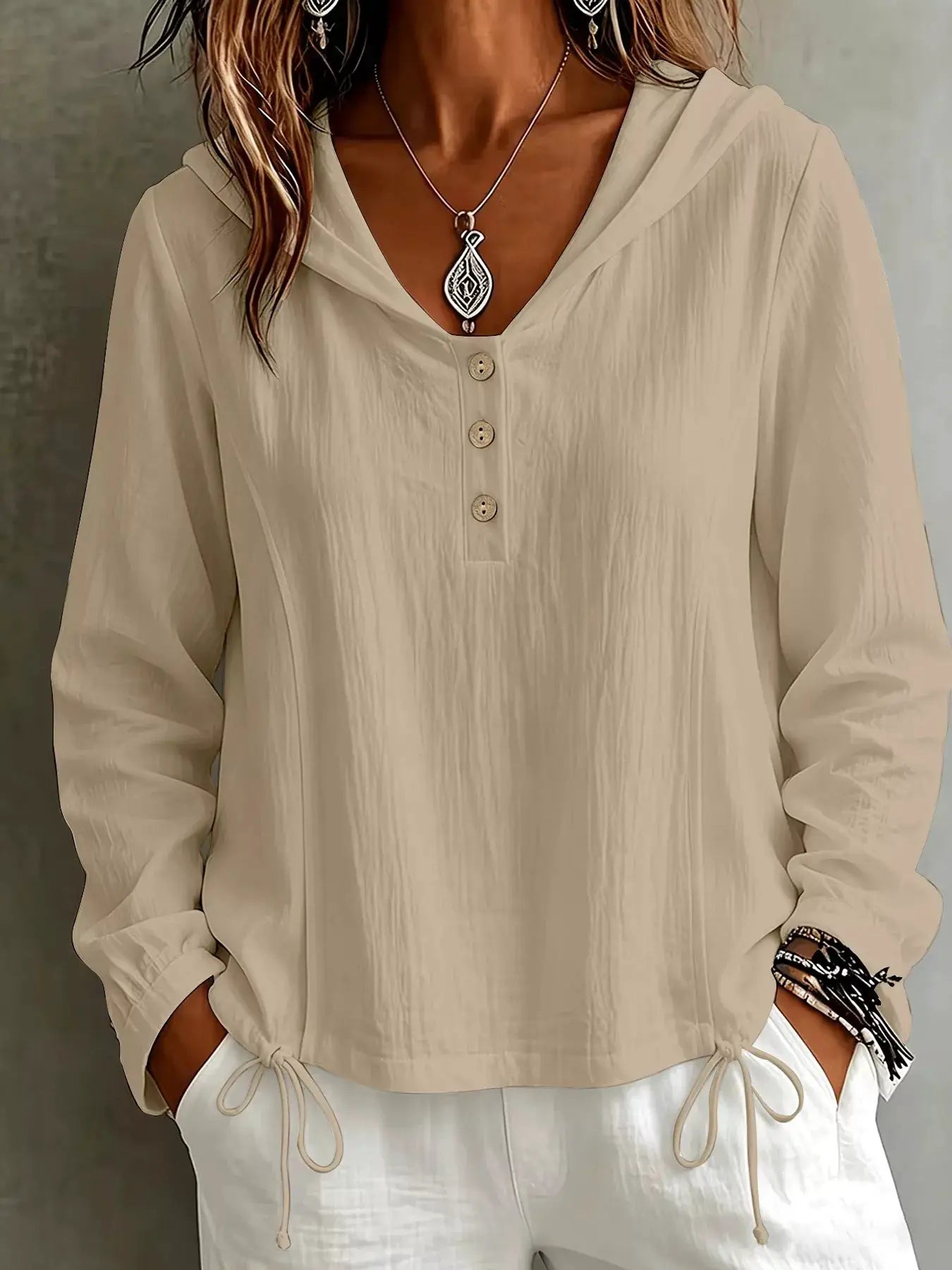 Button Detail Long Sleeve Hooded Blouse by Trendsi