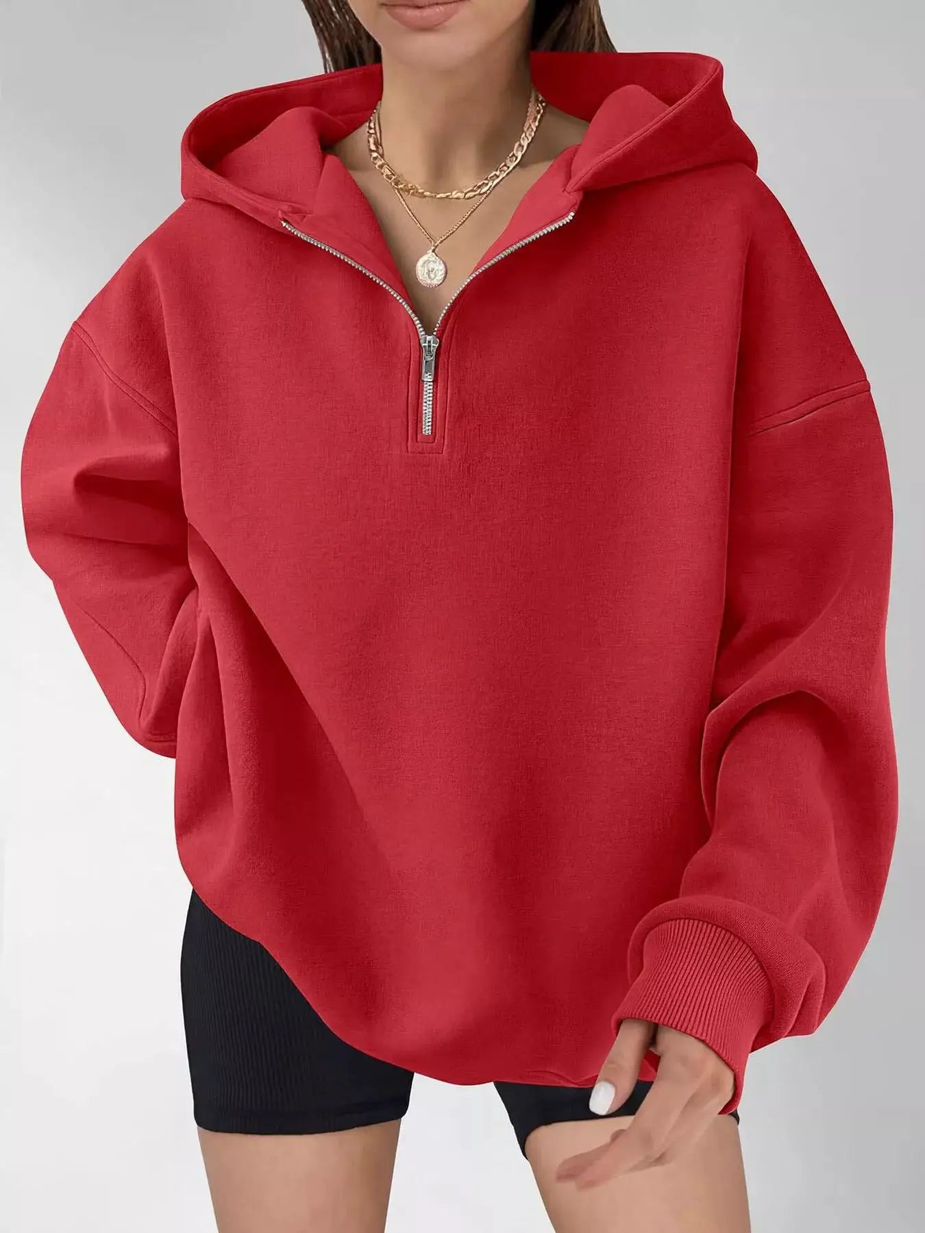 Oversized Quarter-Zip Hoodie by Trendsi