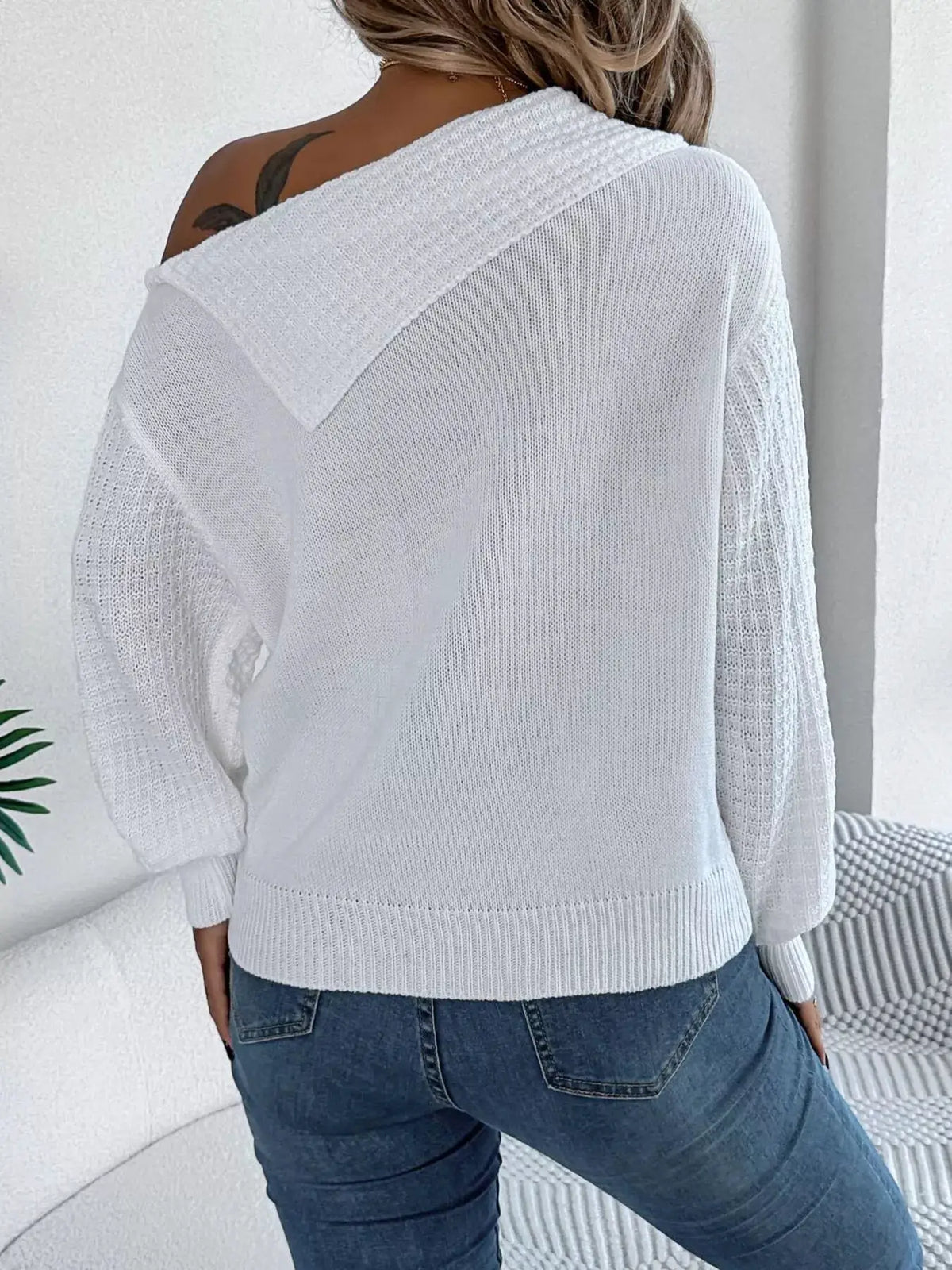 One Shoulder Cable Knit Sweater by Trendsi