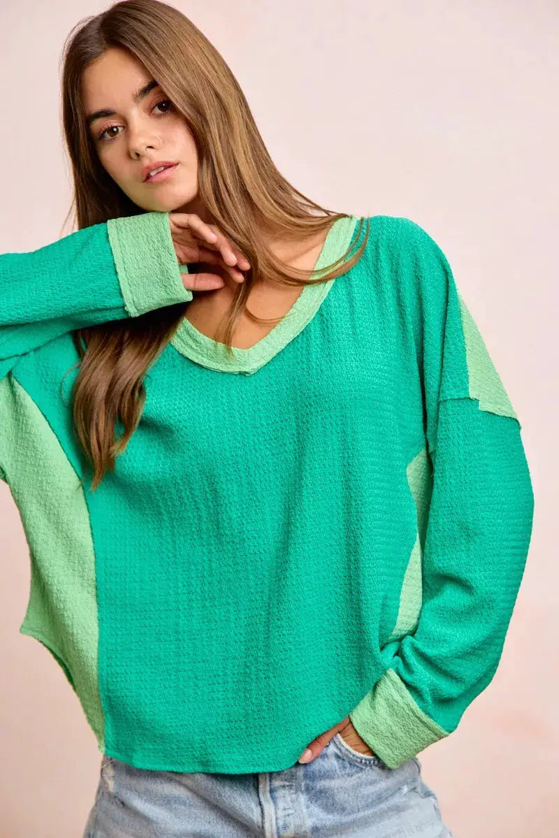 BiBi Textured Jersey Color Block Top With Cut Edge by Trendsi