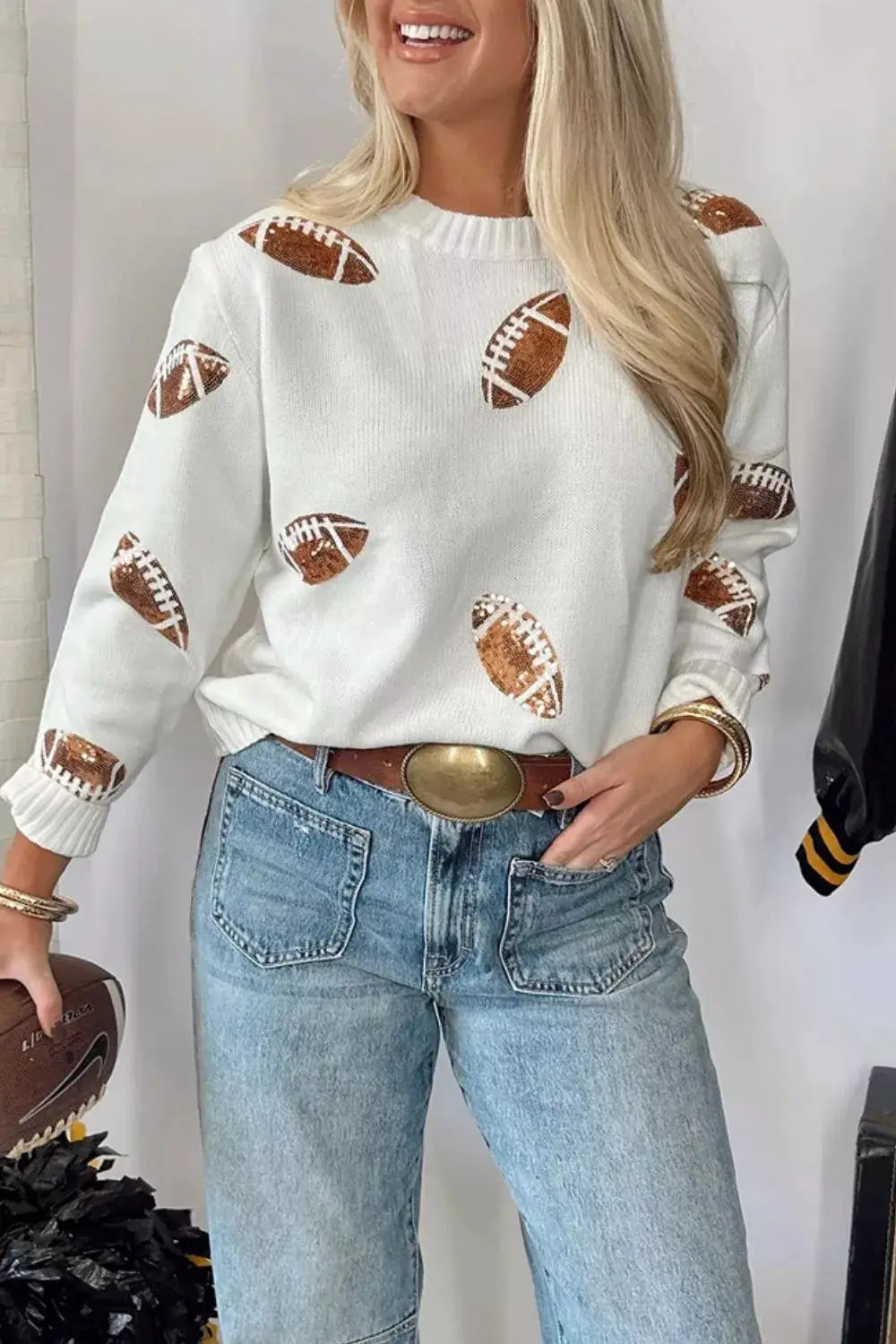 Sequin Football Print Round Neck Long Sleeve Loose Fit Sweater by Trendsi