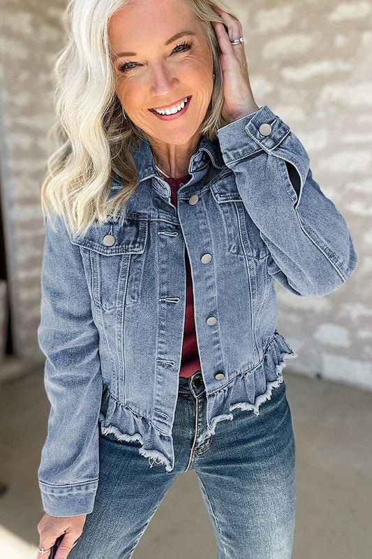 Beau Blue Ruffle Raw Hem Flap Pockets Denim Jacket - Bitsy Gypsy Boutique