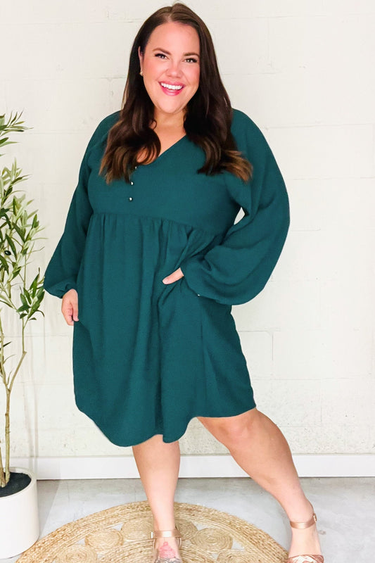 Beautiful You Hunter Green Woven Waffle V Neck Babydoll Dress - Bitsy Gypsy Boutique