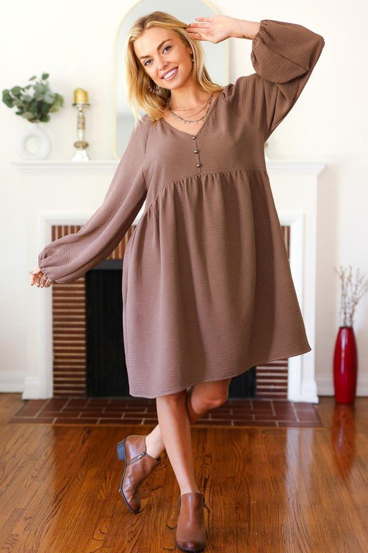 Beautiful You Mocha Woven Waffle V Neck Babydoll Dress - Bitsy Gypsy Boutique