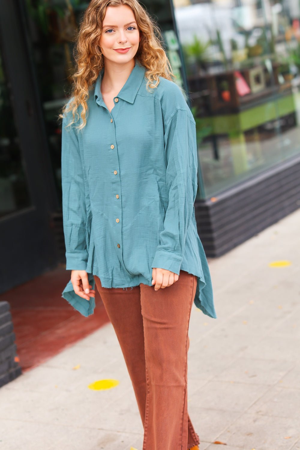 Beautiful You Teal Button Down Sharkbite Cotton Tunic Top - Bitsy Gypsy Boutique