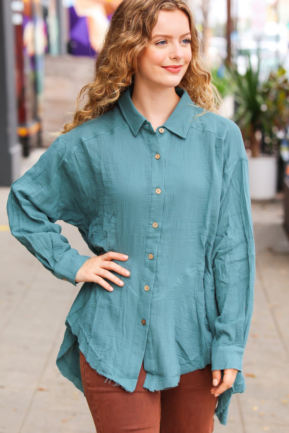 Beautiful You Teal Button Down Sharkbite Cotton Tunic Top - Bitsy Gypsy Boutique