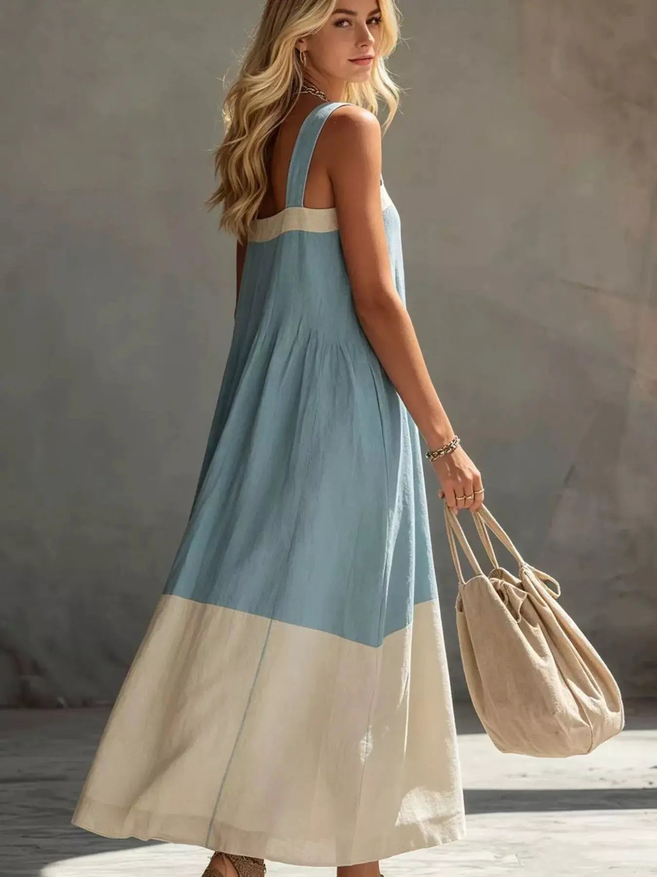 Color-Block Sleeveless Linen-Blend Midi Dress by Trendsi