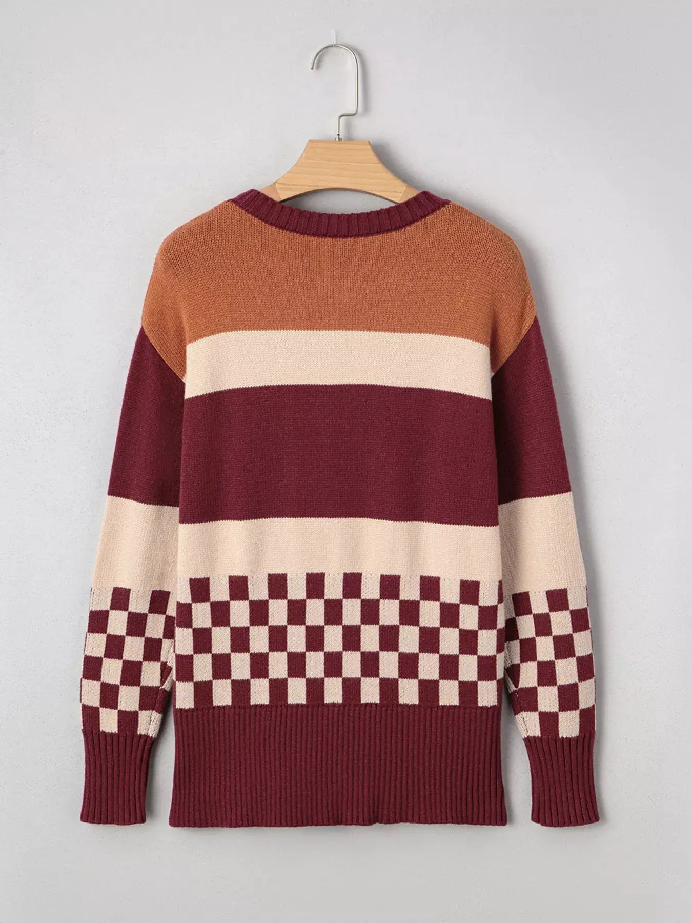 Checkered Color Block Knitted Drop Shoulder Sweater by Trendsi