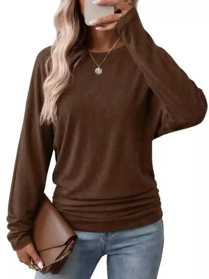 Long Sleeve Crew Neck Casual T-Shirt with Ruched Hem by Trendsi