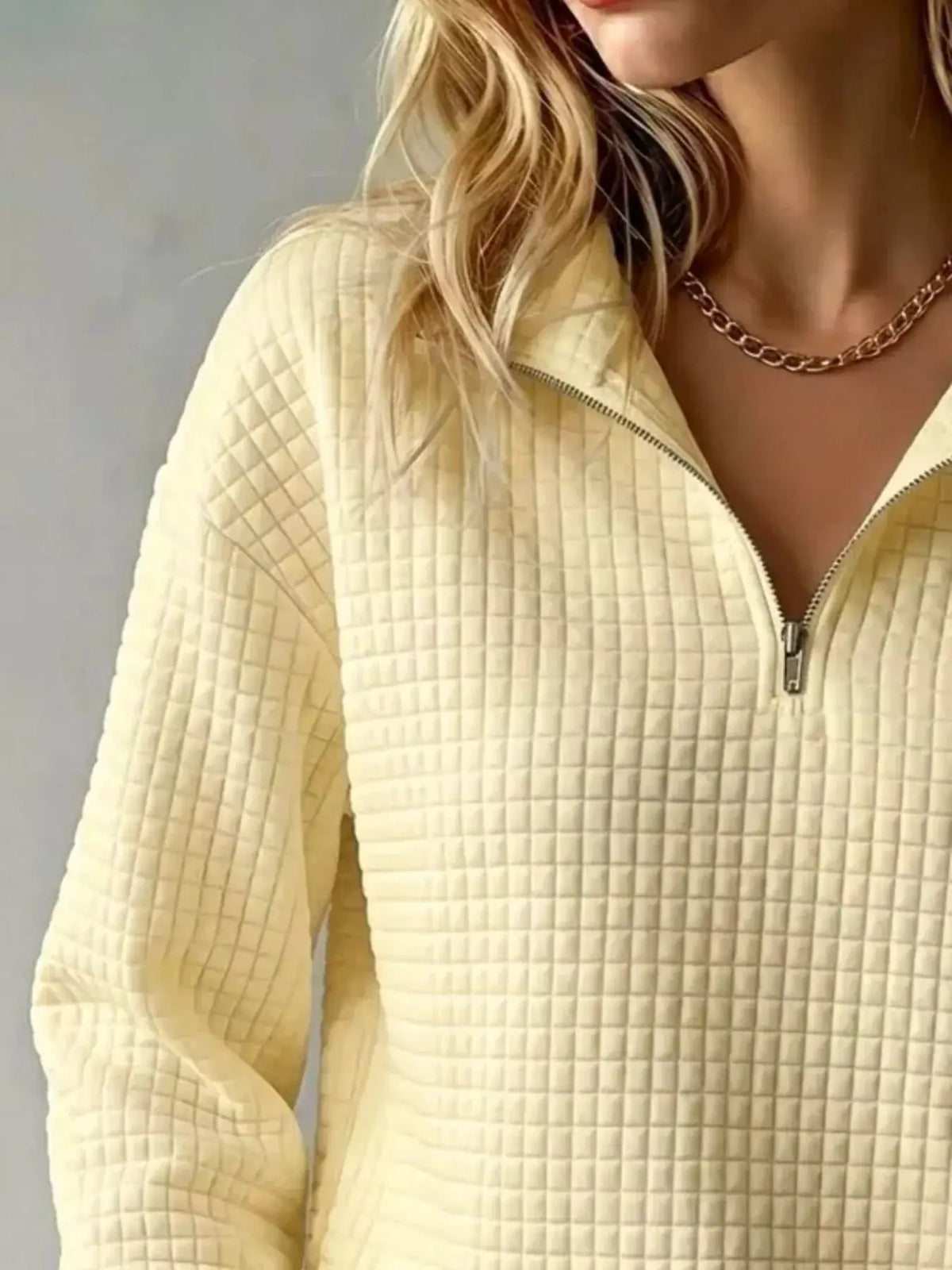 Waffle Knit Quarter-Zip Sweatshirt by Trendsi