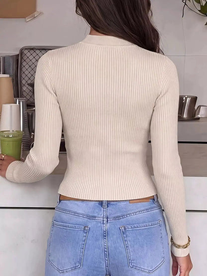 Beige Chinese Knot Cutout Ribbed Long Sleeve Top - Bitsy Gypsy Boutique