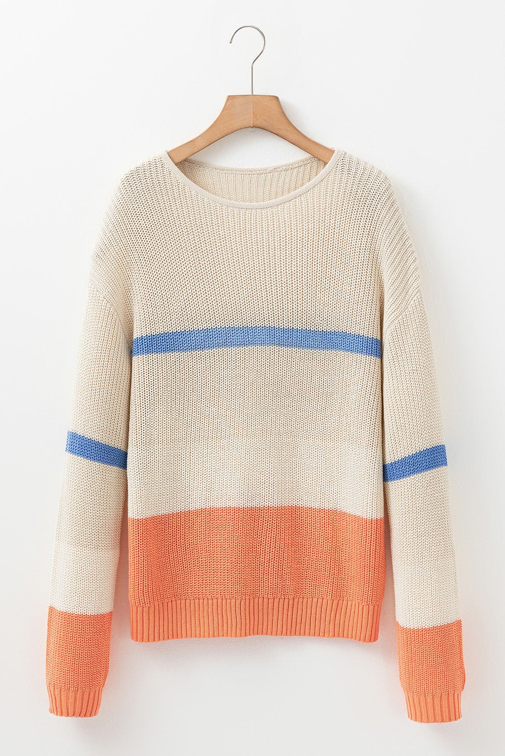 Beige Colorblock Striped Drop Shoulder Cozy Sweater - Bitsy Gypsy Boutique