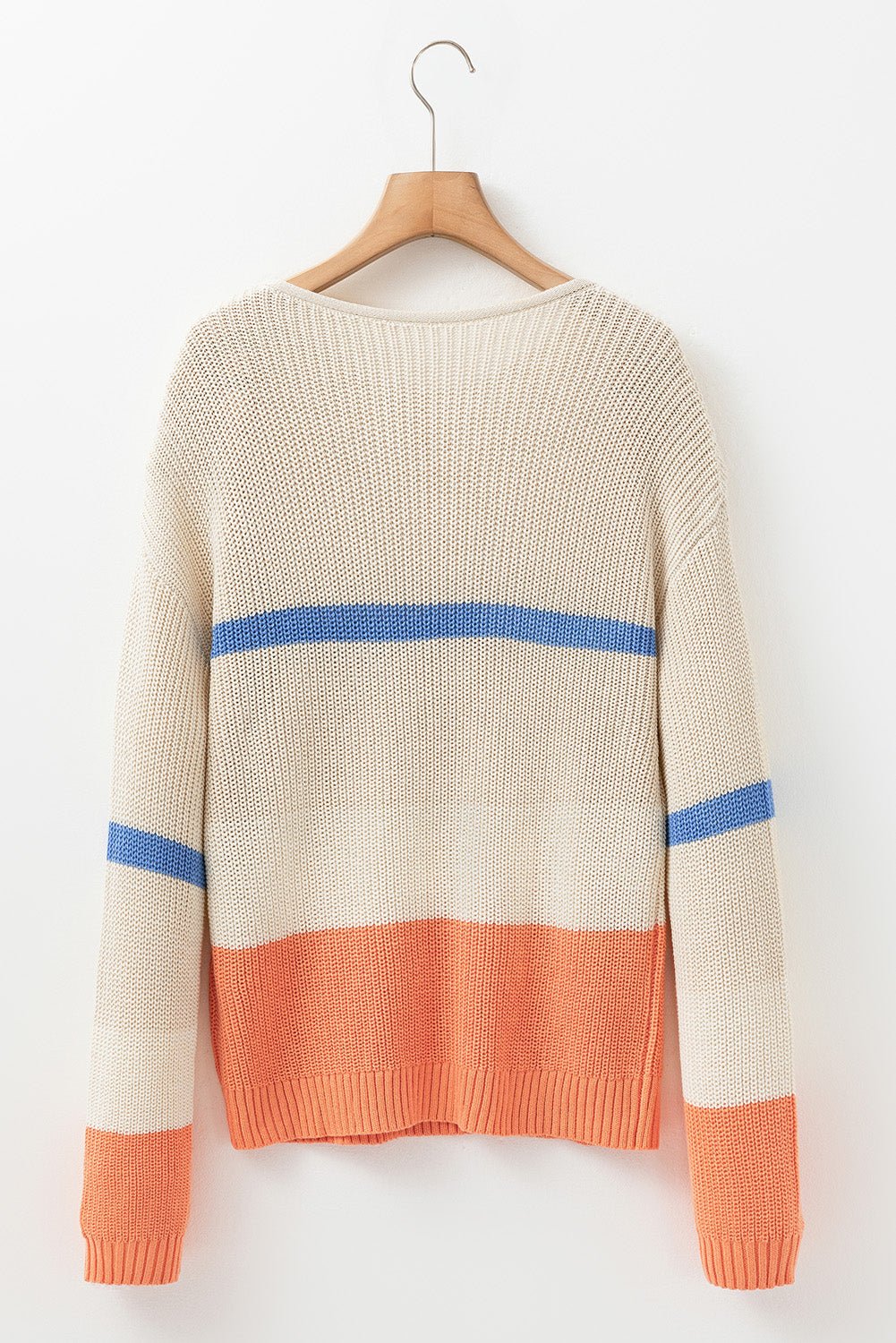 Beige Colorblock Striped Drop Shoulder Cozy Sweater - Bitsy Gypsy Boutique