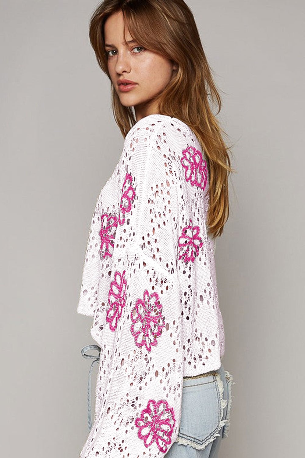 Beige Contrast Flower Print Eyelet Drop Shoulder Sweater - Bitsy Gypsy Boutique