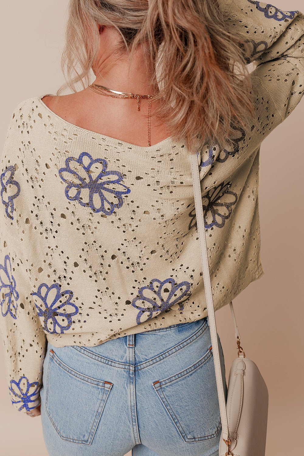 Beige Contrast Flower Print Eyelet Drop Shoulder Sweater - Bitsy Gypsy Boutique