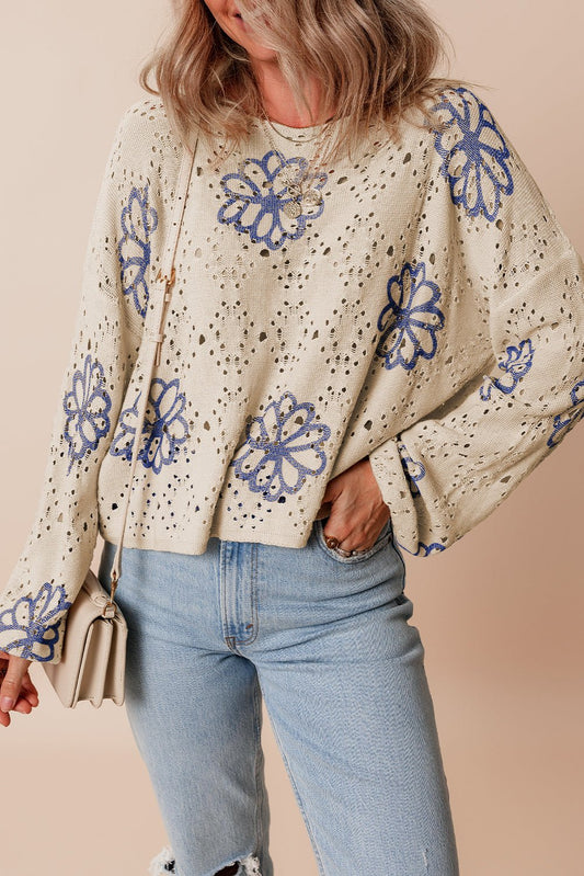 Beige Contrast Flower Print Eyelet Drop Shoulder Sweater - Bitsy Gypsy Boutique