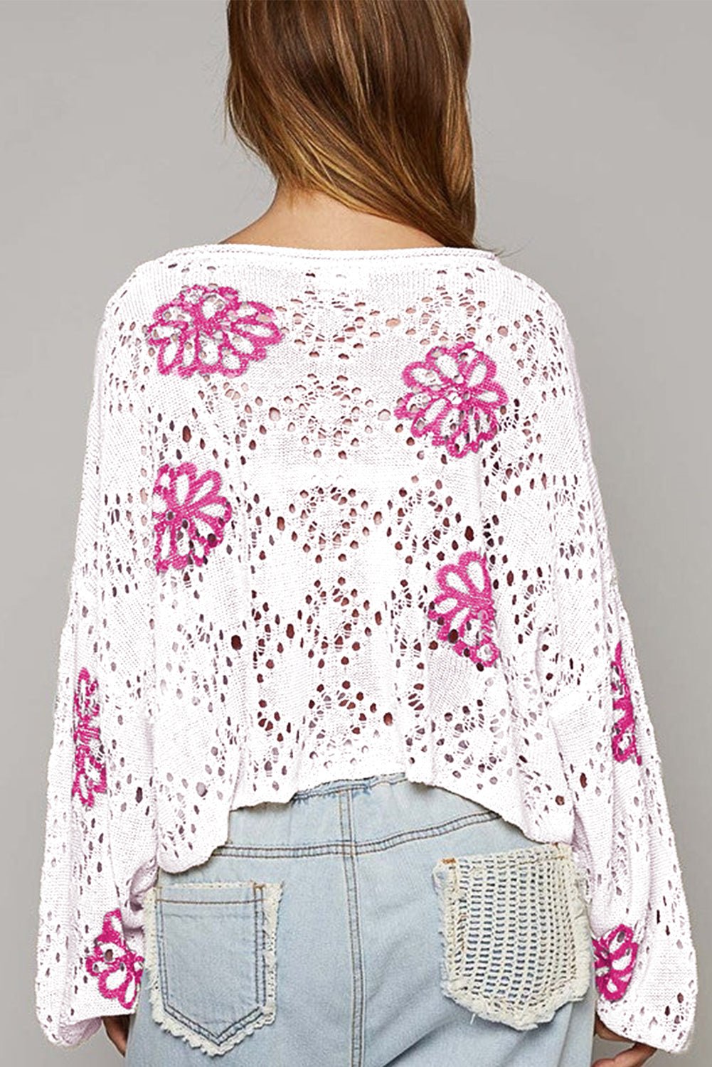 Beige Contrast Flower Print Eyelet Drop Shoulder Sweater - Bitsy Gypsy Boutique