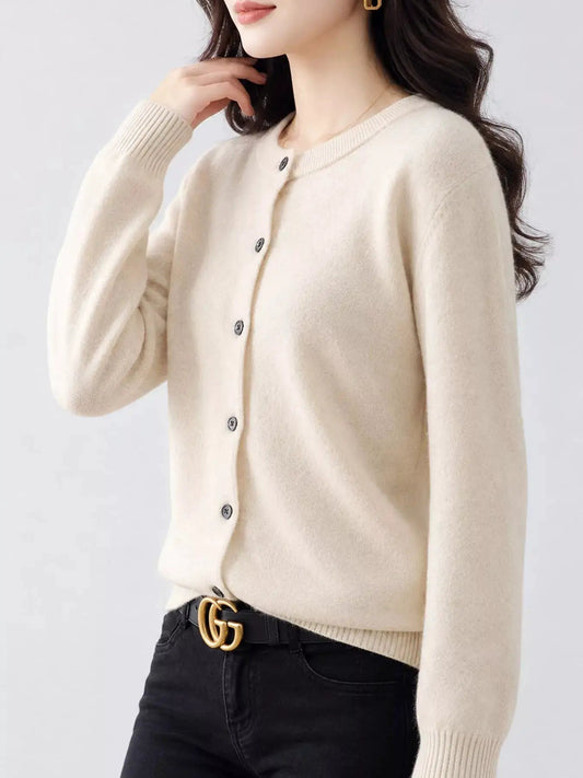 Beige Crew Neck Button Front Long Sleeve Cardigan - Bitsy Gypsy Boutique
