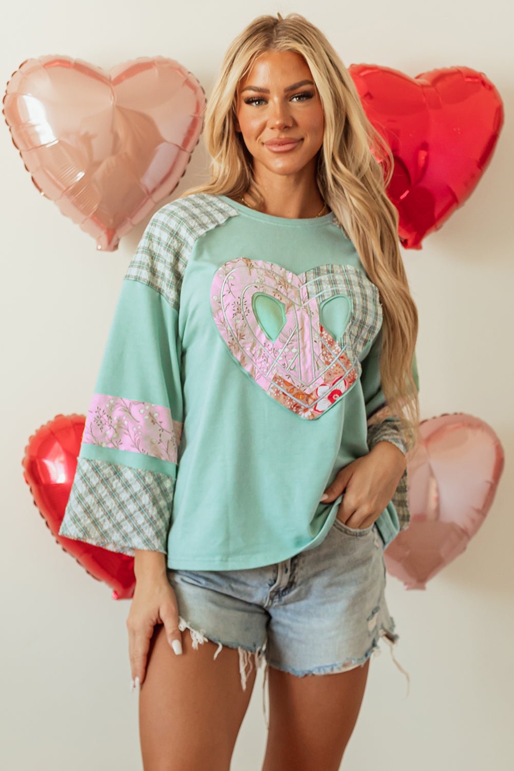 Beige Plaid Floral Peace Heart Graphic Wide Long Sleeve Top - Bitsy Gypsy Boutique