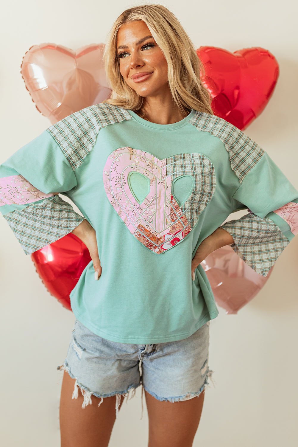 Beige Plaid Floral Peace Heart Graphic Wide Long Sleeve Top - Bitsy Gypsy Boutique