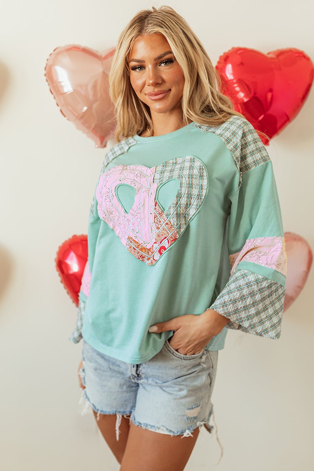 Beige Plaid Floral Peace Heart Graphic Wide Long Sleeve Top - Bitsy Gypsy Boutique