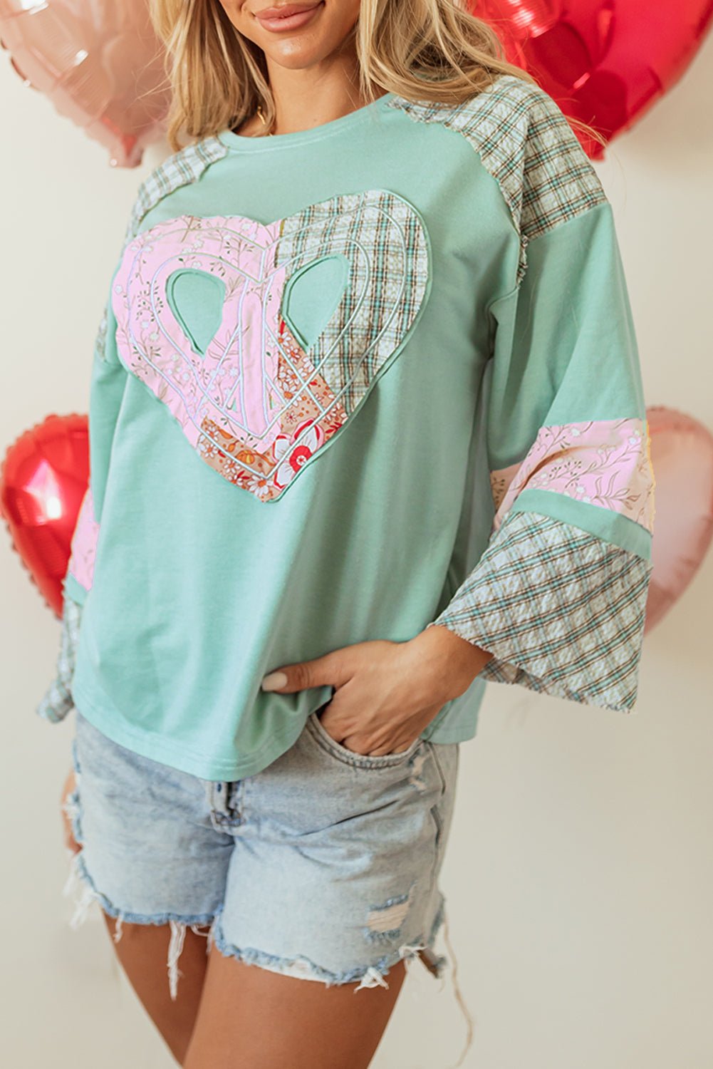 Beige Plaid Floral Peace Heart Graphic Wide Long Sleeve Top - Bitsy Gypsy Boutique