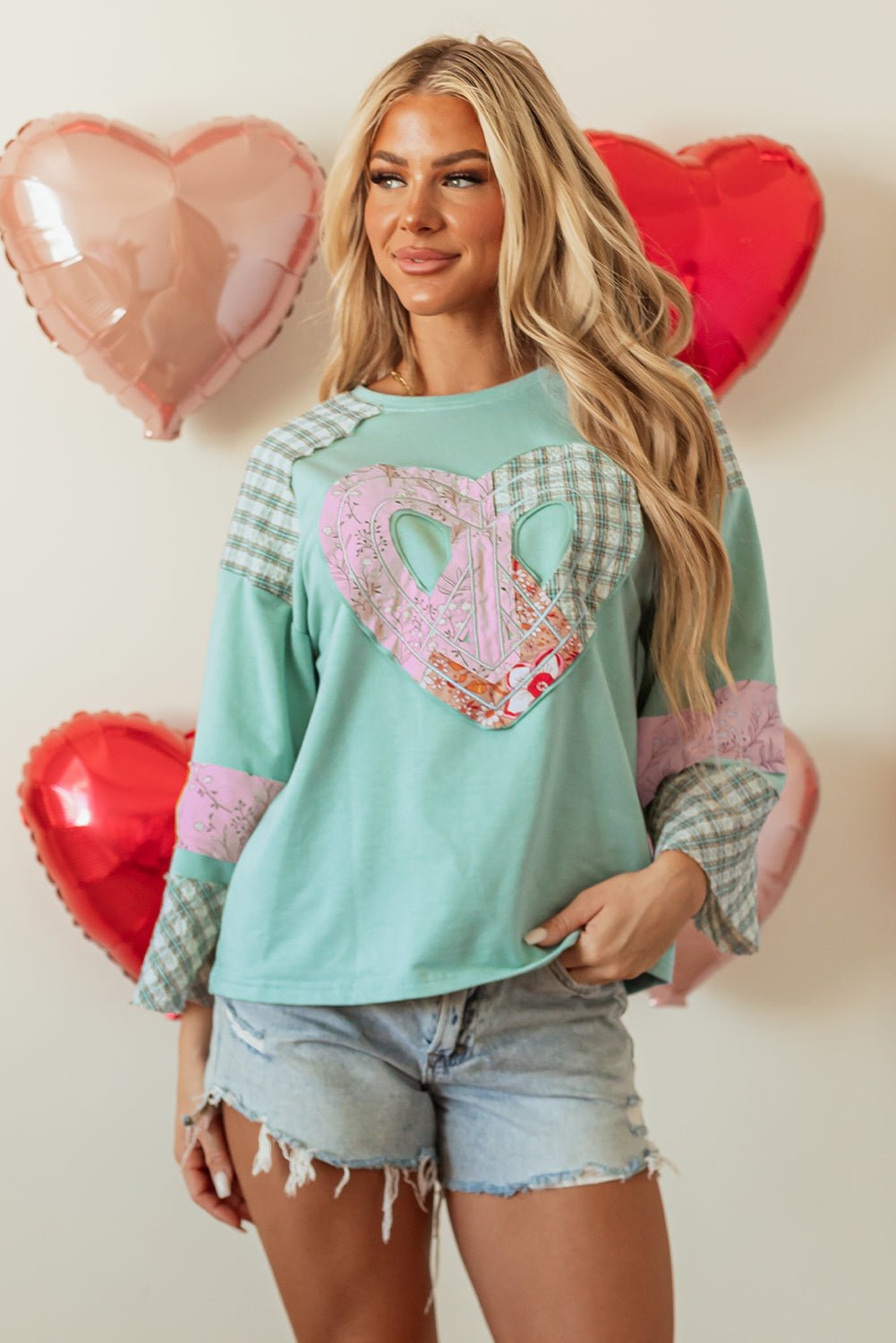 Beige Plaid Floral Peace Heart Graphic Wide Long Sleeve Top - Bitsy Gypsy Boutique