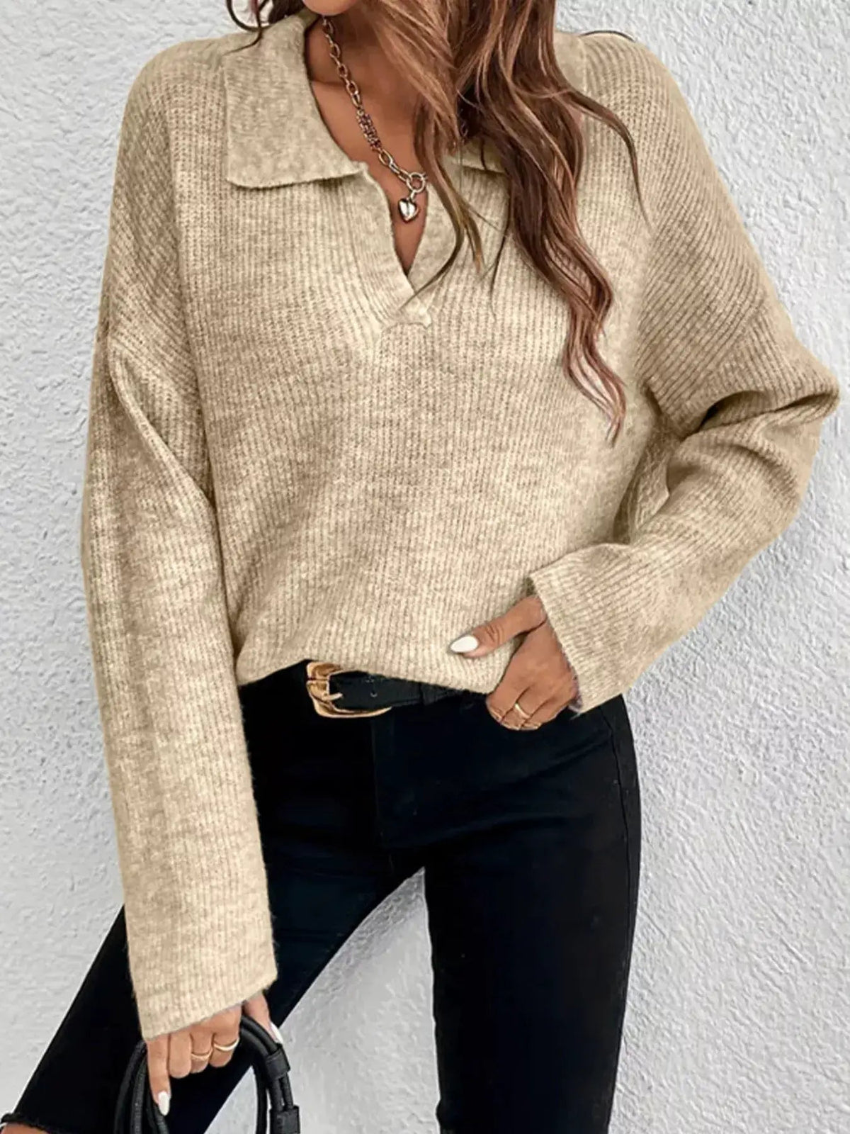 Beige Ribbed Knit Long Sleeve Dropped Shoulder Sweater - Bitsy Gypsy Boutique