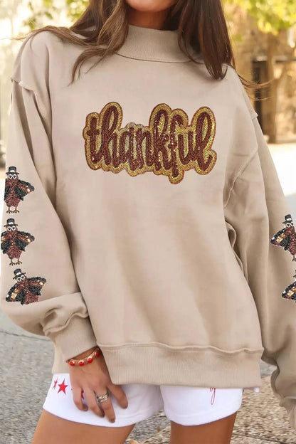 Beige Thankful Sequin Long Sleeve Mock Neck Sweatshirt - Bitsy Gypsy Boutique