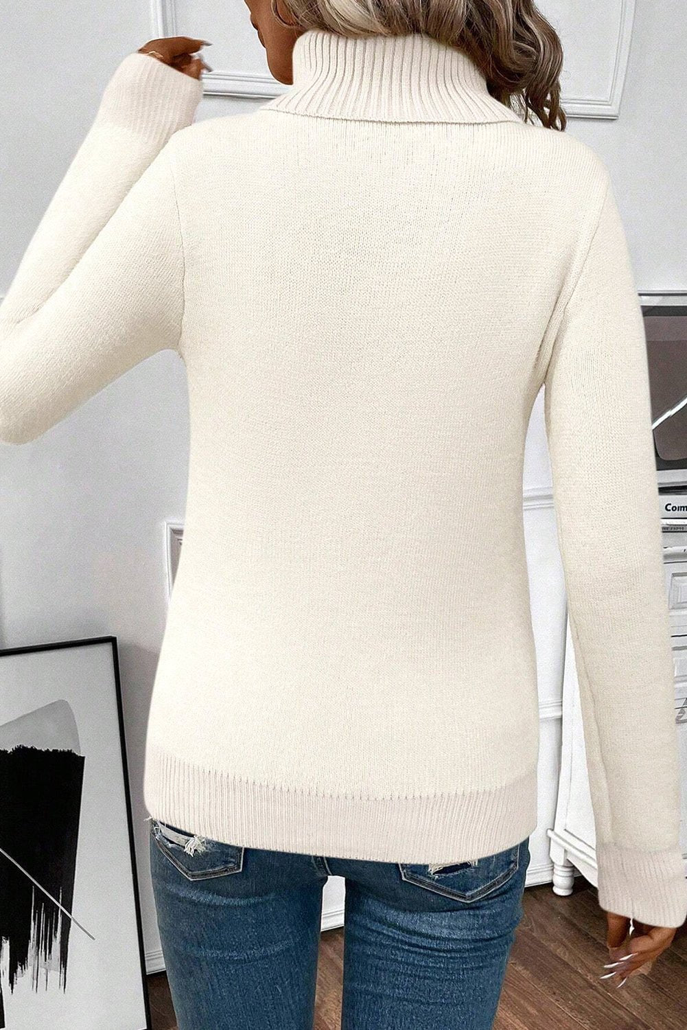 Beige Turtleneck Fleece Lined Knit Sweater - Bitsy Gypsy Boutique