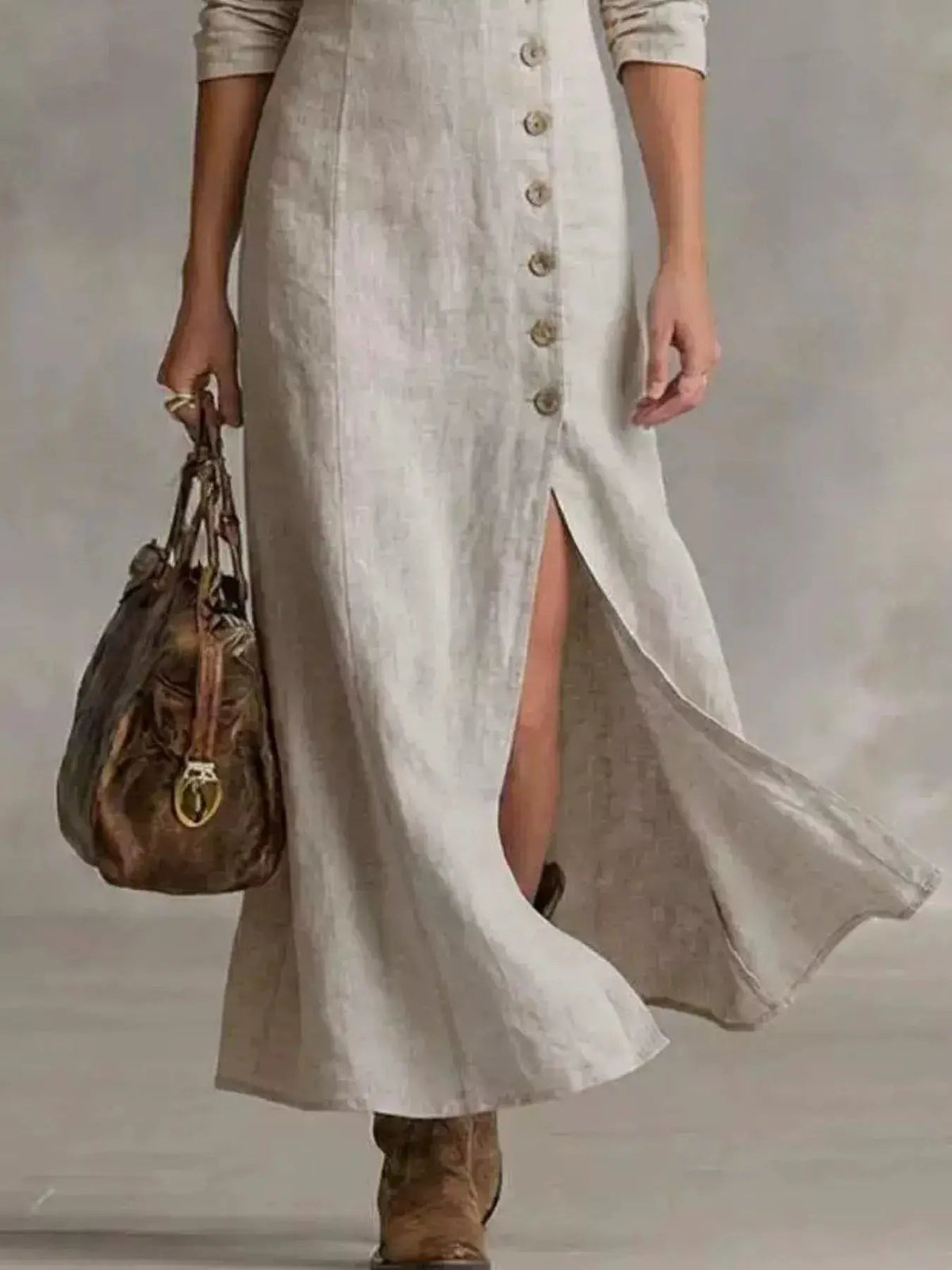 Beige V-Neck Button-Down Midi Dress With Slit - Bitsy Gypsy Boutique