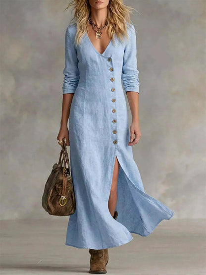 Beige V-Neck Button-Down Midi Dress With Slit - Bitsy Gypsy Boutique