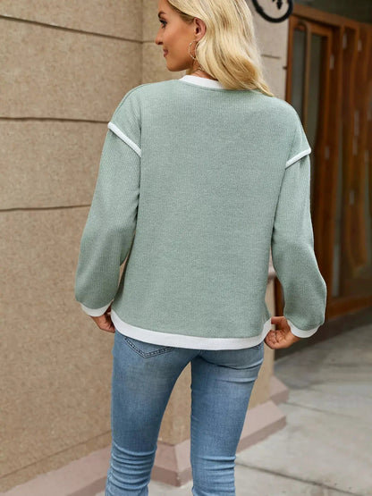 Beige V-Neck Dropped Shoulder Contrast Trim Sweater - Bitsy Gypsy Boutique