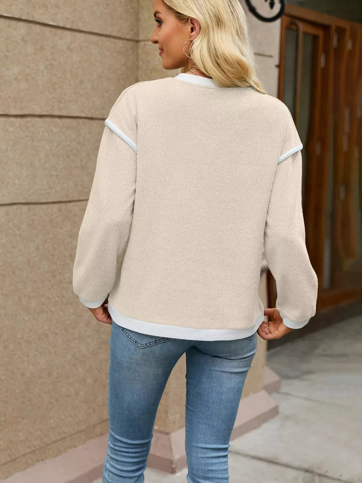 Beige V-Neck Dropped Shoulder Contrast Trim Sweater - Bitsy Gypsy Boutique