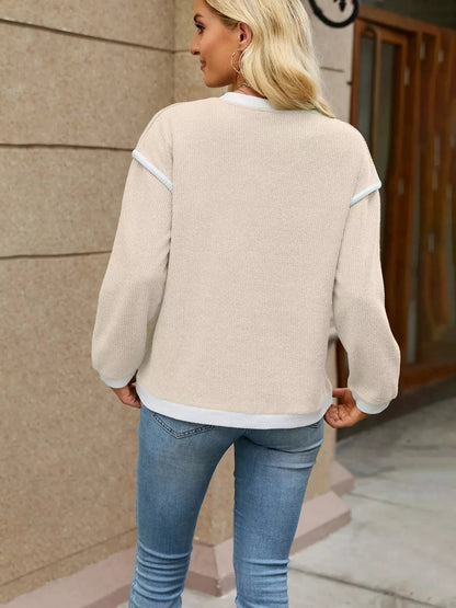 Beige V-Neck Dropped Shoulder Contrast Trim Sweater - Bitsy Gypsy Boutique
