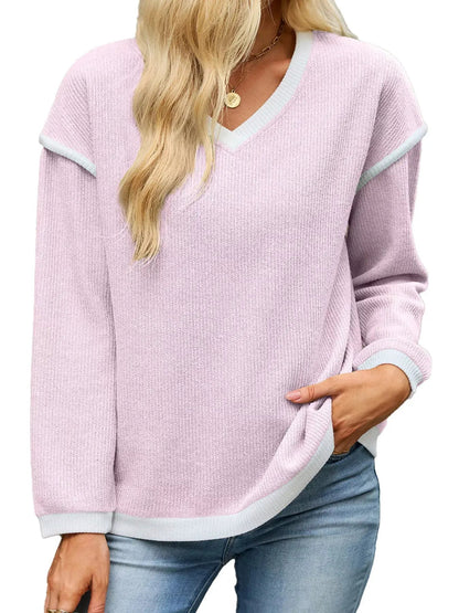 Beige V-Neck Dropped Shoulder Contrast Trim Sweater - Bitsy Gypsy Boutique