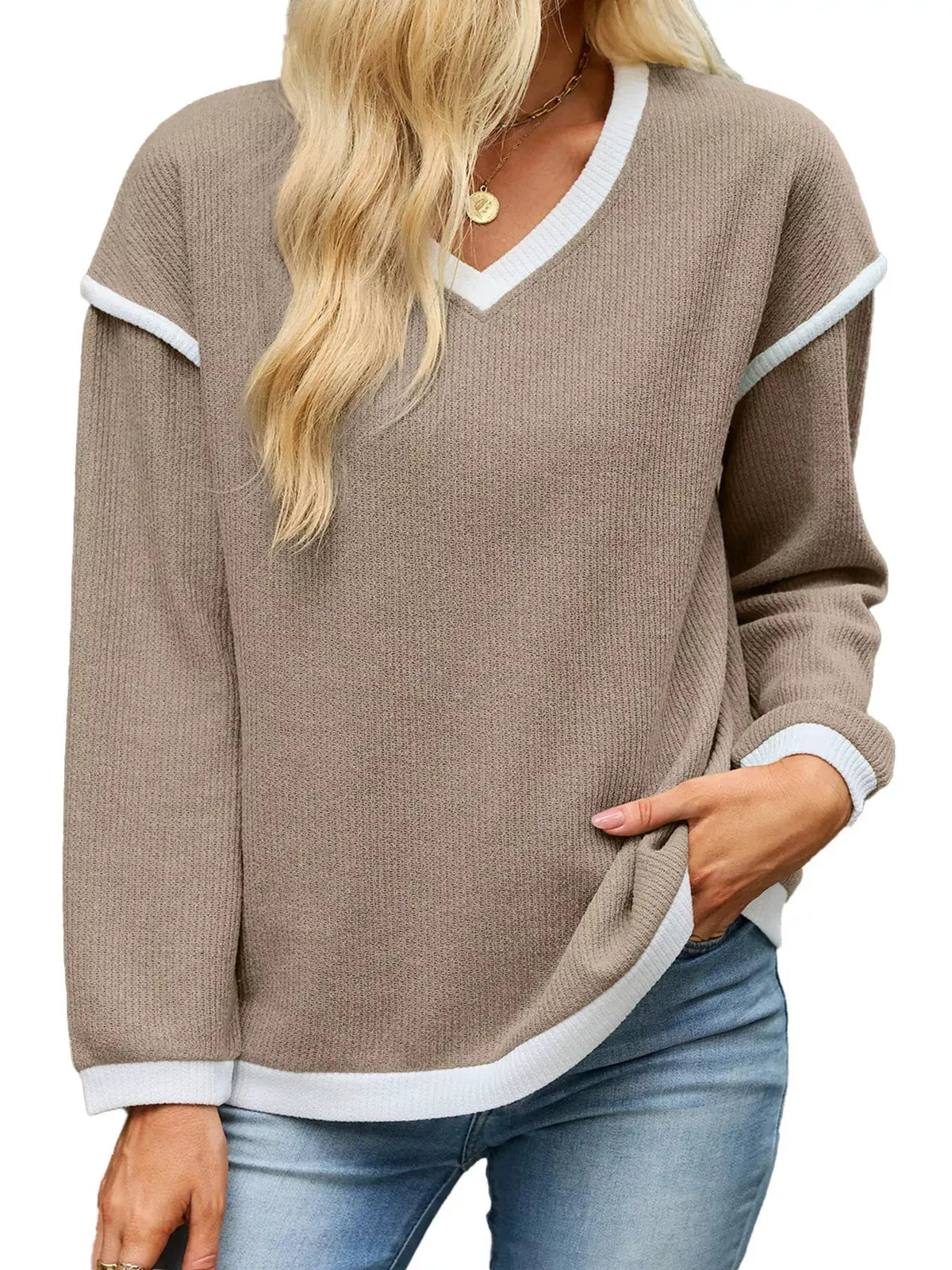 Beige V-Neck Dropped Shoulder Contrast Trim Sweater - Bitsy Gypsy Boutique