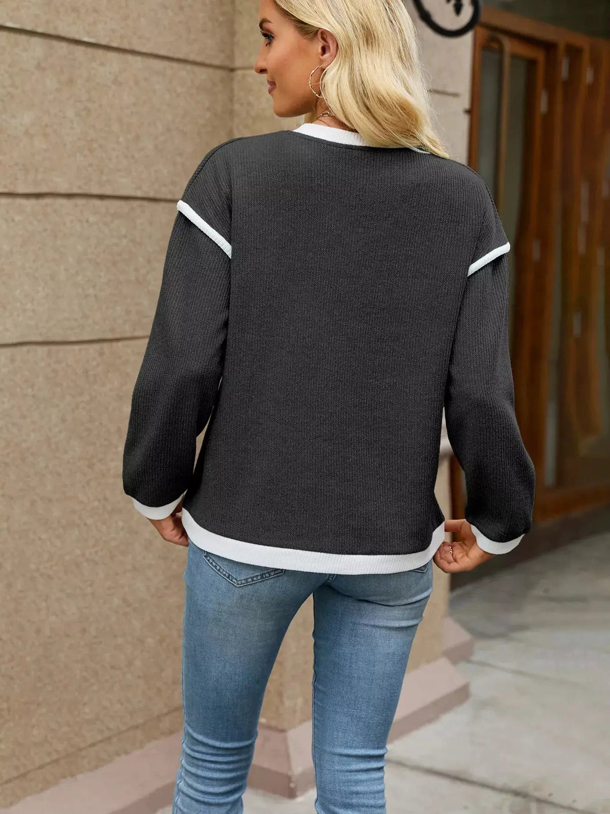 Beige V-Neck Dropped Shoulder Contrast Trim Sweater - Bitsy Gypsy Boutique