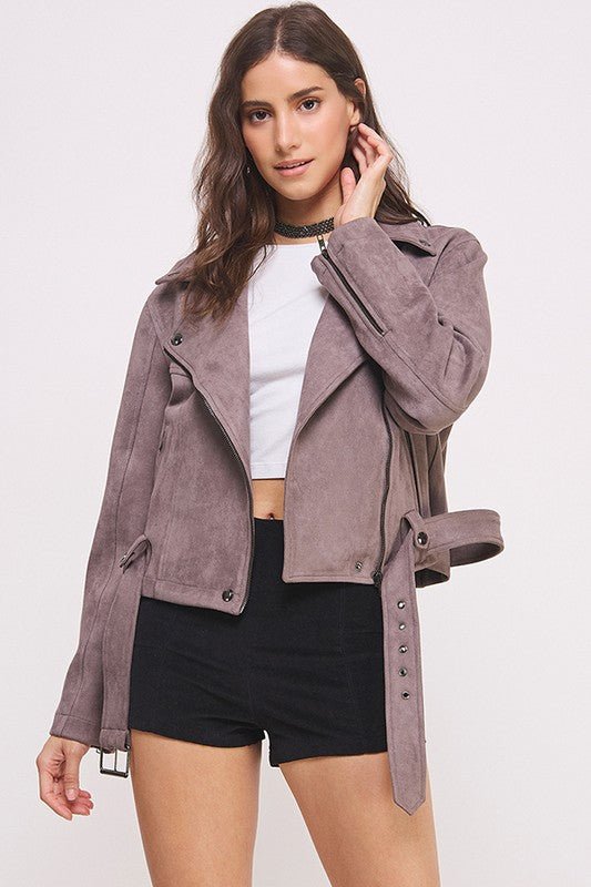 BELTED LONG SLEEVE ZIPPERED SUEDE MOTO JACKET - Bitsy Gypsy Boutique