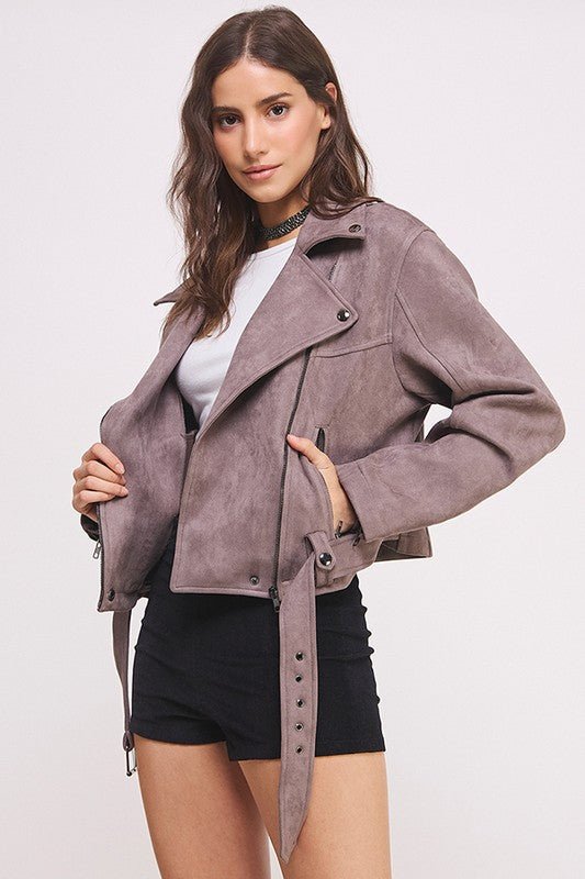 BELTED LONG SLEEVE ZIPPERED SUEDE MOTO JACKET - Bitsy Gypsy Boutique