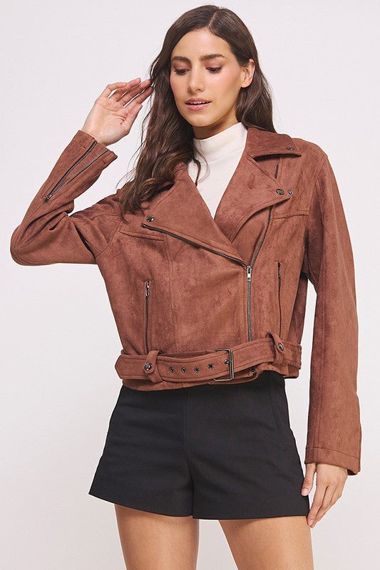 BELTED LONG SLEEVE ZIPPERED SUEDE MOTO JACKET - Bitsy Gypsy Boutique