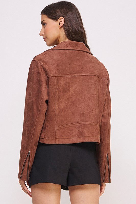 BELTED LONG SLEEVE ZIPPERED SUEDE MOTO JACKET - Bitsy Gypsy Boutique