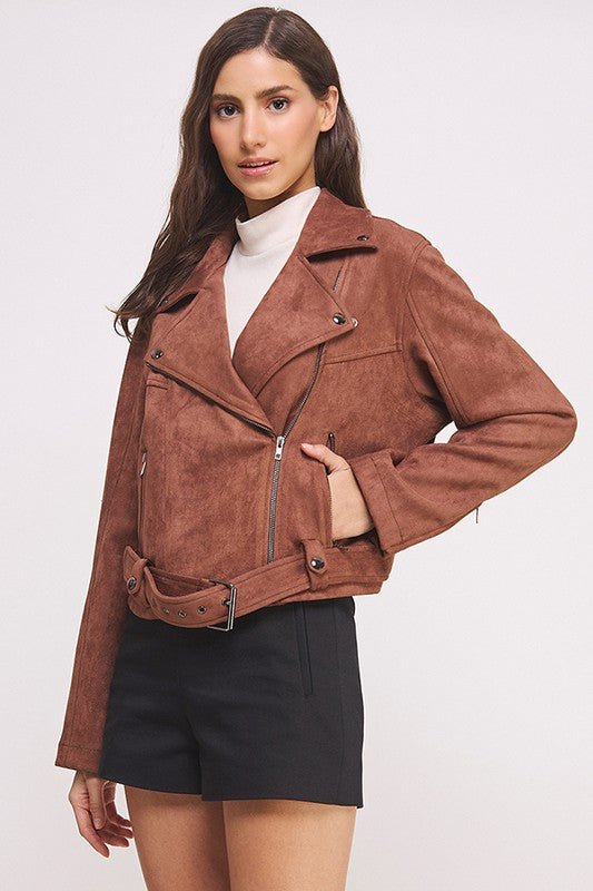 BELTED LONG SLEEVE ZIPPERED SUEDE MOTO JACKET - Bitsy Gypsy Boutique