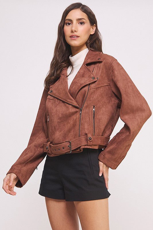 BELTED LONG SLEEVE ZIPPERED SUEDE MOTO JACKET - Bitsy Gypsy Boutique